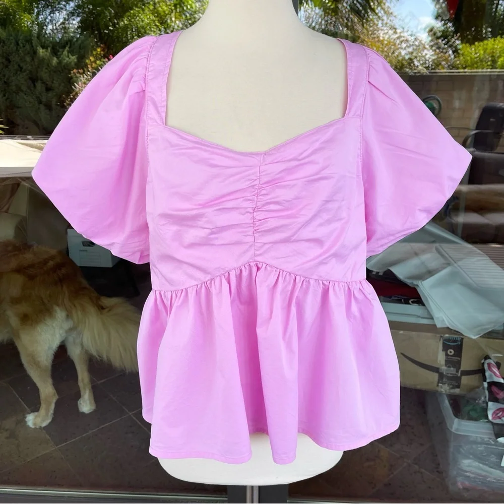 💕 OLD NAVY ~ Pink Puff-Sleeve Ruched Smocked Babydoll Top~ Summer Ready!  XXL - Picture 5 of 6